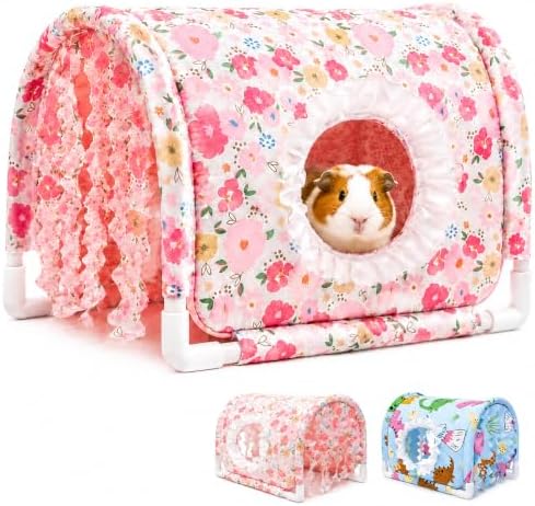 Guinea Pig Hideout Tunnel House, Pink Floral Small Animal Hideaway Bed with Curtains, Soft Fabric Cover and PVC Frame for Guinea Pigs, Hamsters, Hedgehogs and Small Pets