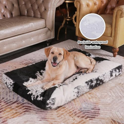 Bedfolks Waterproof Kennel Pad,Plush Dog Crate Bed with Removable, Washable Faux Fur Cover for Extra Large Dogs, Fluffy - 41"x27", Black-White Cowhide