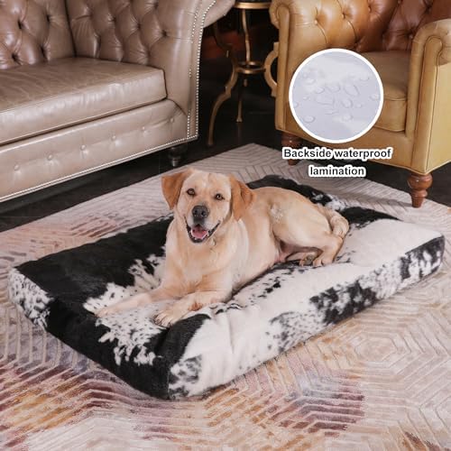 Bedfolks Waterproof Kennel Pad,Plush Dog Crate Bed with Removable, Washable Faux Fur Cover for Extra Large Dogs, Fluffy - 41"x27", Black-White Cowhide