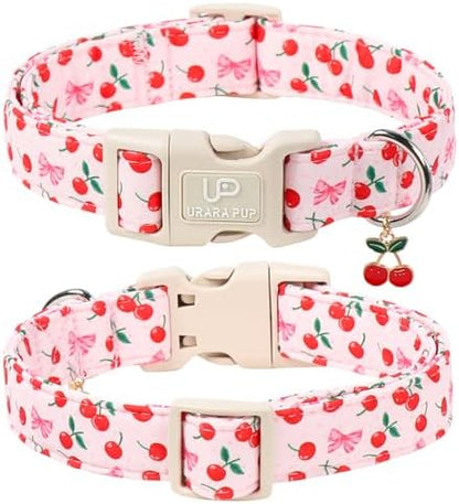 Spring Dog Collar, UP URARA PUP Strawberry Collars in Pink Checkered Adjustable Pet Collar with Quick Release, Daily Dog Accessories for Small Medium Large Dogs