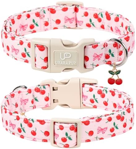 Spring Dog Collar, UP URARA PUP Strawberry Collars in Pink Checkered Adjustable Pet Collar with Quick Release, Daily Dog Accessories for Small Medium Large Dogs