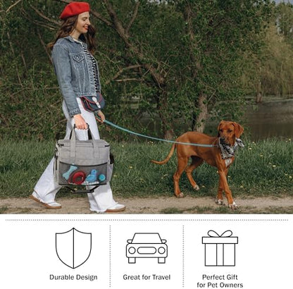Dog Travel Bag - Cat and Dog Storage Organizer with Pockets, Mat, 2 Food Containers, and 2 Large Collapsible Travel Dog Bowls by PETMAKER (Gray)