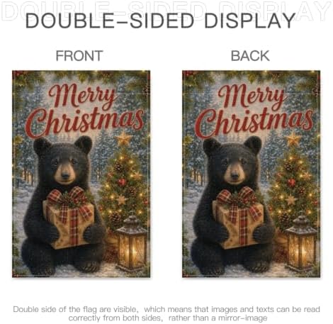Christmas Black Bear Garden Flag 12x18 Inch Merry Holiday Cub Gift Tree Lantern Snowy Forest Rustic Farmhouse Outdoor Yard Lawn Porch Double Sided Banner Winter Welcome Decor