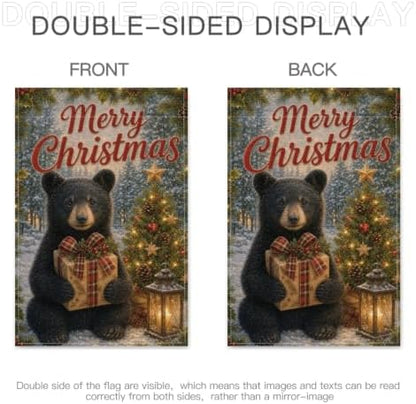 Christmas Black Bear Garden Flag 12x18 Inch Merry Holiday Cub Gift Tree Lantern Snowy Forest Rustic Farmhouse Outdoor Yard Lawn Porch Double Sided Banner Winter Welcome Decor