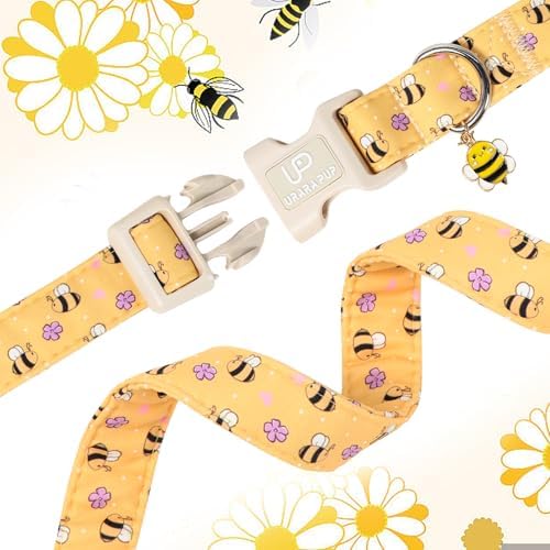 Bee Cotton Dog Collar, Summer Spring Bee Floral Pattern,Adjustable Soft Pet Collar with Cute Charm/Durable Buckle, Lightweight Comfortable for Small Medium Large Dogs