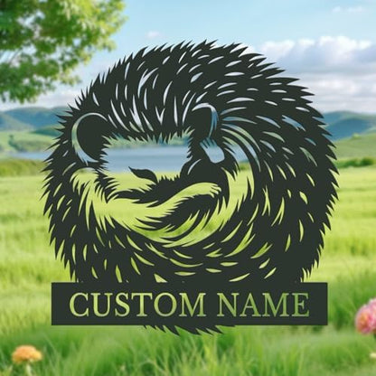 Custom Hedgehog Metal Sign, Personalized Name Wall Art, Unique Home Decor Gift, Garden Memorial Marker, Housewarming Present for Hedgehog Lovers (Style-3)