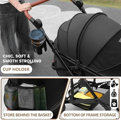 Bicystar Dog Stroller with Detachable Carrier, Rubber Wheels, 50 lbs, Black