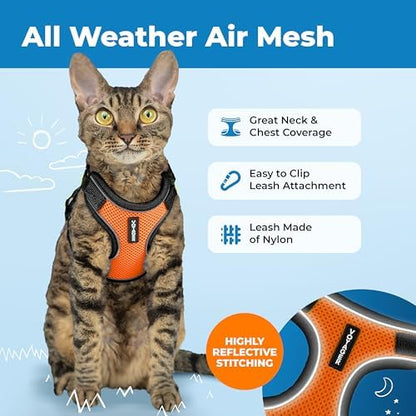 Voyager Escape-Proof Step-in Lock Cat Harness & 5ft Neoprene-Handle Leash Set All-Weather Mesh with Reflective Stitching for Small to Large Cats by Best Pet Supplies, Black Trim-Orange (327), XS