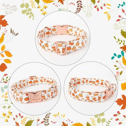 Fall Dog Collar for Small Dogs - Fall Holiday Pumpkin Latte Printed Dog Collars, Adjustable Heavy Duty Pet Collar with Metal Buckle S
