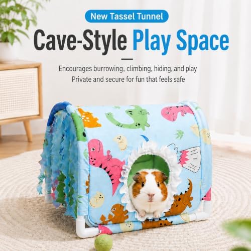 Guinea Pig Hideout Tunnel House, Blue Animal Print Small Animal Hideaway Bed with Curtains, Soft Fabric Cover and PVC Frame for Guinea Pigs, Hamsters, Hedgehogs and Small Pets