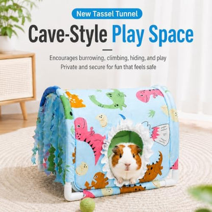 Guinea Pig Hideout Tunnel House, Blue Animal Print Small Animal Hideaway Bed with Curtains, Soft Fabric Cover and PVC Frame for Guinea Pigs, Hamsters, Hedgehogs and Small Pets