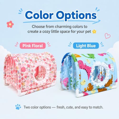 Guinea Pig Hideout Tunnel House, Blue Animal Print Small Animal Hideaway Bed with Curtains, Soft Fabric Cover and PVC Frame for Guinea Pigs, Hamsters, Hedgehogs and Small Pets