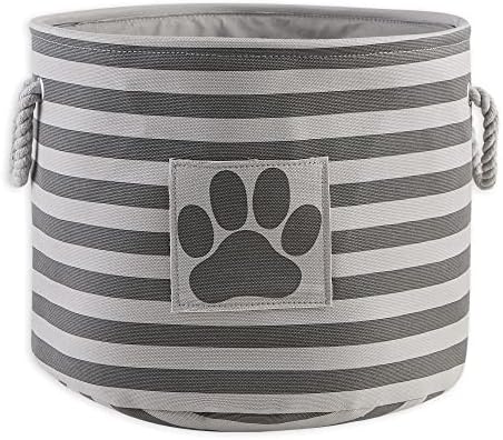 Bone Dry Pet Storage Collection Striped Paw Patch Bin, Medium Round, Gray