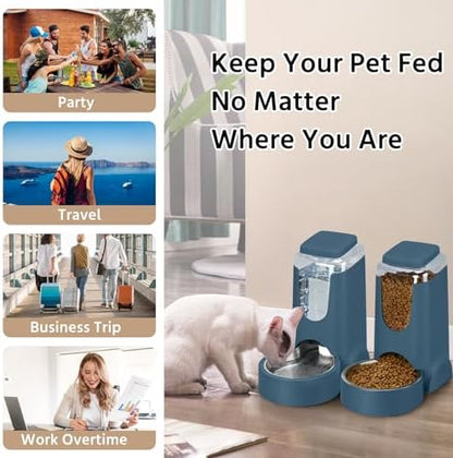 2 Pack Automatic Cat Feeder and Dog Food Feeder, Gravity Stainless Steel Water Dispenser and Waterer Set for Small Medium Puppy Kitten Pets (1 Gallon x 2, Navy Blue)