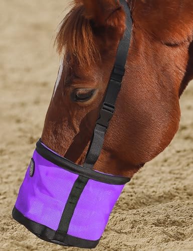 Harrison Howard Horse Muzzle Feed Bag Nylon Mesh Grain Feed Bag with Padded Neck Strap Adjustable Belt Purple Medium