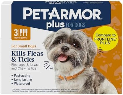 PetArmor Plus Flea and Tick Prevention for Dogs, Small Dog Flea and Tick Treatment, 3 Doses, Waterproof Topical, Fast Acting (5-22 lbs)