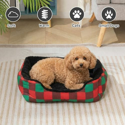 Hollypet Printed Flannel Rectangle Plush Dog Cat Bed Self-Warming Pet Bed, Christmas Red and Green Check