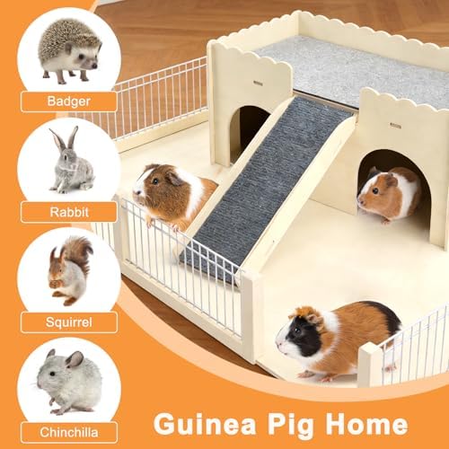 Detachable 2-Story Wooden Guinea Pig Castle with Ramp & Fleece Mat, Small Animal Hideout House for Guinea Pigs, Hamsters, Gerbils & Chinchillas
