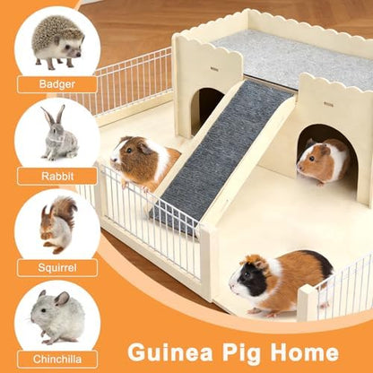 Detachable 2-Story Wooden Guinea Pig Castle with Ramp & Fleece Mat, Small Animal Hideout House for Guinea Pigs, Hamsters, Gerbils & Chinchillas