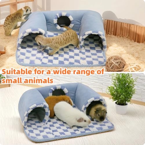 Guinea Pig Hideout Tunnel with Warm Bed for Small Pet 3 Cave Small Animal Tunnel Toy Cages Blue