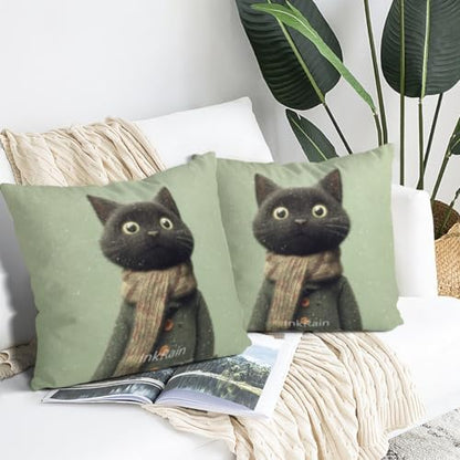 InkRain Winter Animal Cute Black Cat Pillow Cover 26x26 Inch Set of 2 Home Decor Decorative Cotton Linen Illustration Pillowcases for Living Room House Sofa