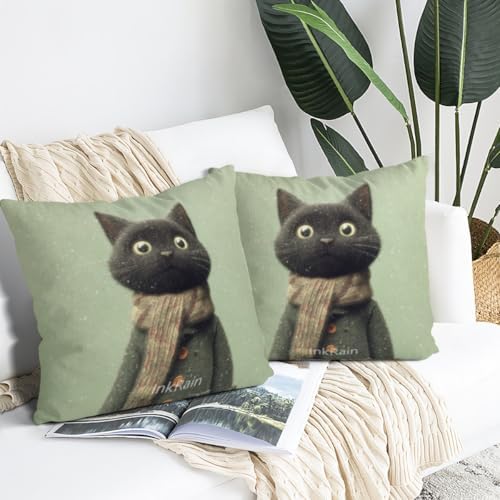 InkRain Winter Animal Cute Black Cat Pillow Cover 16x16 Inch Set of 2 Home Decor Decorative Cotton Linen Illustration Pillowcases for Living Room House Sofa