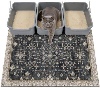 Cat Litter Mat Litter Trapping Mat, 40"x30" Waterproof Urine Proof Litter Box Mat Catcher Mat Non-Slip Washable for Kitty Kitten, Black