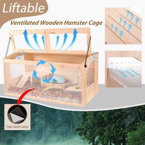 Wooden Hamster Cage,48"x20"Large Hamster Cage,2 Washable Liners & 2 Adjustable Ventilation Window. Small Animal Cage for Dwarf Syrian Hamsters Degus Mice & Other Small Pets.
