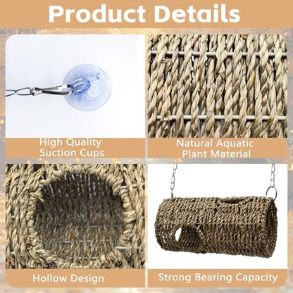Hanging Reptile Hide Cave,Natural Seagrass Fiber Bearded Dragon Hammock Hideout,Reptile Shelter Sleeping Cave Swing Climbing Toys Terrarium Decor for Lizard Gecko Snake Hermit Crabs(Round)