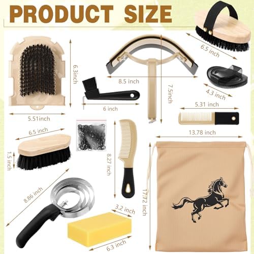 Abbylike 12 Pieces Horse Grooming Kit Equine Care Brushes, Black