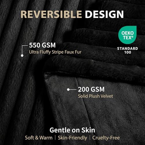 DEZ FURNISHINGS Luxury Reversible Textured Stripe Faux Fur & Velvet Throw Blanket, Twin (66" x 90"), Black