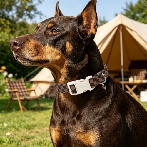 DOGWONG Brown Checked Dog Collar, Autumn Plaid Dog Collar,Western Grid Dogs Collars for Large Dogs, Neck 16.5-26 inches