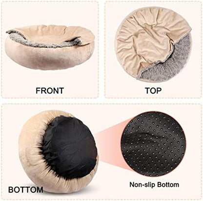 GASUR Small Dog & Cat Bed, 23'' Donut Pet Bed Mat with Hooded Blanket, Anti-Anxiety Burrow Cave Bed, Cozy Puppy Bed, Machine Washable, for Indoor Pets up to 20lbs