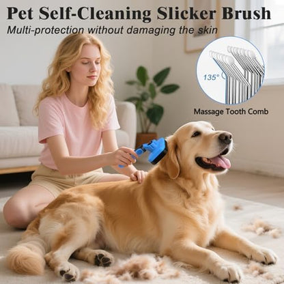 2PCS Self Cleaning Slicker Brush & Dog Comb - Skin Friendly Deshedding Grooming Tool for Dogs, Cats and Small Animals, Professional Deshedding Dematting Tool for Long and Short Haired Pets (Blue)