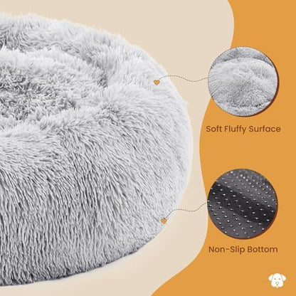 NEWBULIG 37.4x37.4 Inch Dog Couch Bed, Round Shape Large Sized Donut Beds for Indoor Dogs and Cats with Removable Cover, Anti-Slip, Cozy Fluffy Sofa, Grey