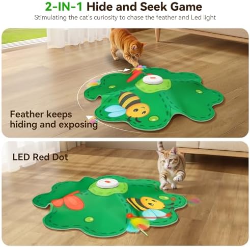 FEELNEEDY Rechargeable Cat Toys, 2 in 1 Hide and Seek Game Interactive Cat Toy, Movable LED Red Dot, Concealed Feathers, Durable Exercise Toys for Indoor Cats, Bored Adult Cats Wand Toy, Green