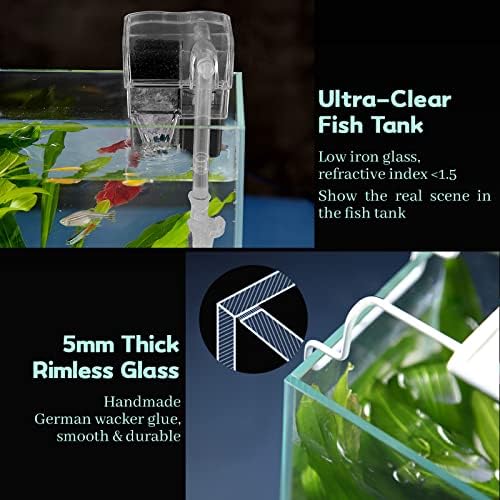 LAQUAL Rimless Glass Aquarium Starter Kit (3 Gal), Ultra Clear Low Iron Glass Fish Tank Set, Small Beta Fish Tank & Filter with Surface Skimmer & 3-Mode LED Light