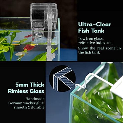 LAQUAL Rimless Glass Aquarium Starter Kit (3 Gal), Ultra Clear Low Iron Glass Fish Tank Set, Small Beta Fish Tank & Filter with Surface Skimmer & 3-Mode LED Light