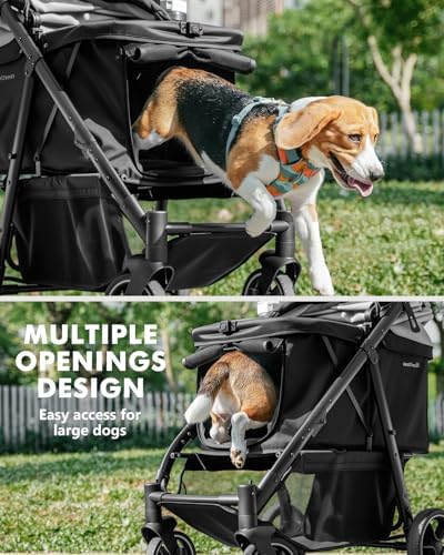Medium Dog Stroller, Foldable Pet Stroller with Adjustable Handle & No Zip Entry, Storage Basket & Cup Holder, Canopy, Mesh Windows, Ideal for Medium Dogs and Cats Up to 50lbs, Black