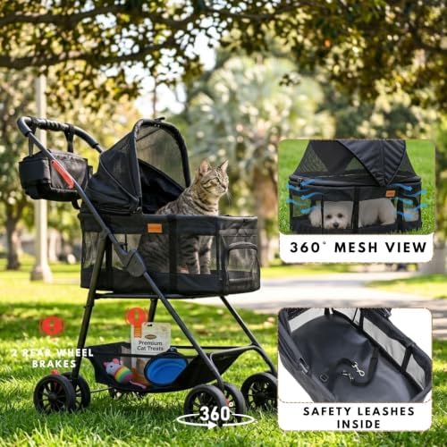 Bicystar 3 in 1 Pet Stroller, Cat Stroller w/Detachable Carrier, Black