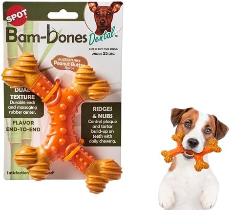 SPOT Bam-Bones Dental X-Bone - Made with Bamboo Fiber and a Massaging Rubber Center, Durable Oral Care Dog Chew for Light Chewers & Teething Puppies under 25lbs, 6in Allergen Free Peanut Butter Flavor