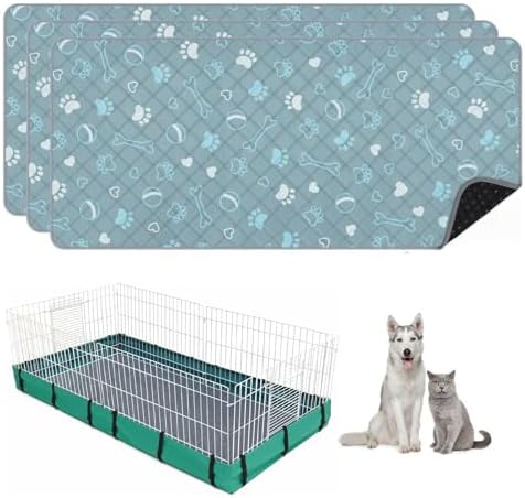 3 Packs Washable Guinea Pig Cage Liners with with Paw Print, Waterproof Guinea Pig Pee Pads Reusable Absorbent Bedding Anti Slip Mats for Small Animals Bunny Rabbit Hamster (Blue, 47 x 24in)