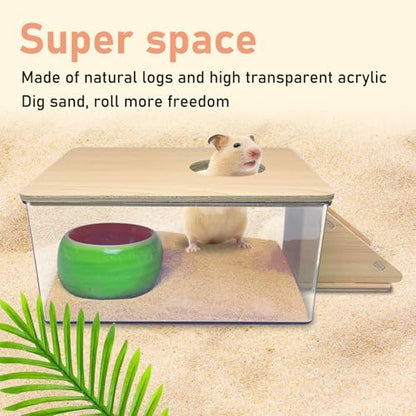 PINVNBY Hamster Sand Bath Box, Transparent Acrylic Sand Bath Shower, Gerbils Digging Room Container with Climbing Ladder and Ceramic Bowl, Litter Box for Hamsters Guinea Pigs Mice (Rectangle)