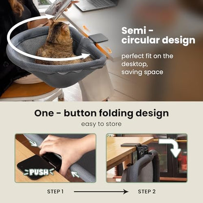 JUNSPOW Cat Desk Bed One-Click Folding, Maximum Holds 40lb, Grey Mesh