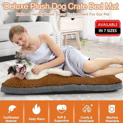 POCBLUE Dog Beds Large Sized Dog, Washable Plush Pet Bed for Crate, Anti-Slip Pet Mat for Cages, Comfy Crate Pad for Outdoor/Indoor/Car Use, Soft Kennel Pad for Dogs Up to 60 lbs, 35"x23", Brown