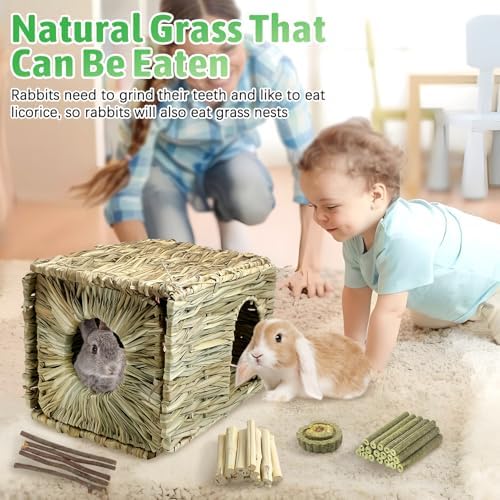 Tfwadmx Rabbit Grass House - Natural Hand Woven Seagrass Play Hay Bed, Hideaway Hut Toy for Bunny Hamster Guinea Pig Chinchilla Ferret
