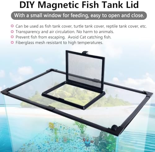 Magnetic Fish Tank Cover with Feeding Window Dark Grey Frame Grey Fiberglass Net,DIY Fish Tank Lid Adjustable Size Fit Tank Size Max 35''X19'' for Preventing Fish from Jumping Out and Reptile Escaping