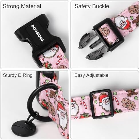 DOGWONG Christmas Cotton Dog Collar, Pink Santa Claus Dog Collar Durable Holiday Pet Dog Collars Cute Puppy Necklace for Small Medium Large Dogs