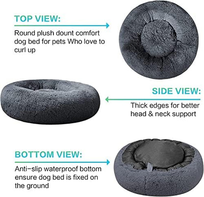 SAVFOX 20 inches Calming Donut Dog Bed - 3X Durable Plush Faux Fur, Machine Washable & Non-Slip, Fits up to 15 lbs, Dark Grey