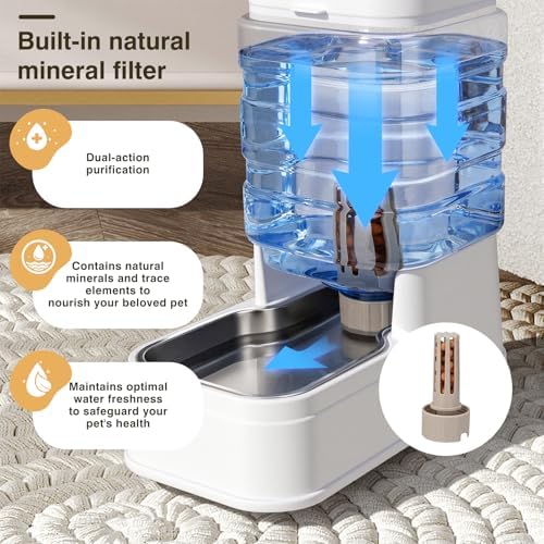 2 Pack Automatic Cat Feeder and Water Dispenser 1.3Gallon Dog Gravity Food Feeder and Water with Ice Pack Stainless Steel Dry Food and Waterer Bowl for Small Medium Large Pets (White)